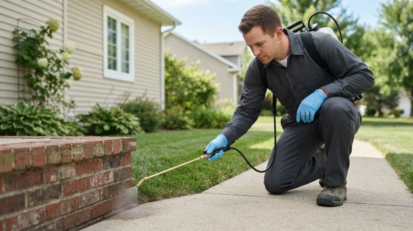 Pest control technician treating a home near Brownsville, OR